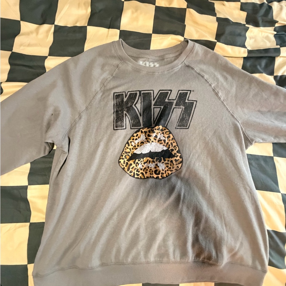 Kiss Gray Sweatshirt with Leopard Lip Graphic